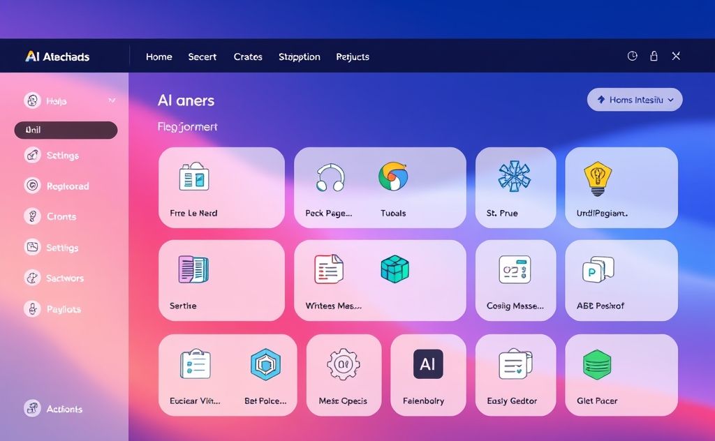 A sleek interface showcasing AI tools with vibrant colors and icons.