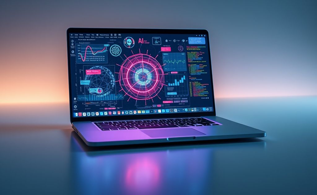 A sleek laptop with AI-related graphics and tools displayed.