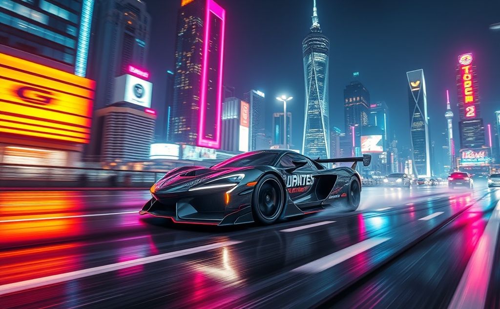 A sleek racing car speeding through a neon-lit cityscape.