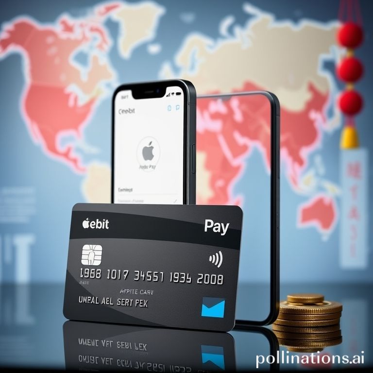 An illustration of WLFI's new debit card seamlessly integrated with Apple Pay on a mobile device, symbolizing the future of stablecoin payments in a global context.