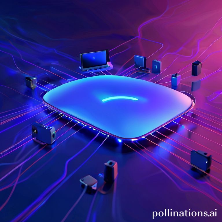 A sleek, futuristic router emitting Wi-Fi signals in a vibrant, dynamic blue and purple light, with connected devices (laptop, VR headset, smart TV) benefiting from fast Wi-Fi 7.