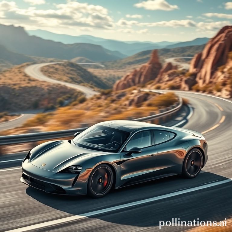 A luxurious Porsche electric sports car driving on a scenic road, symbolizing the brand's pivot in EV strategy.