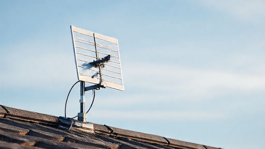 A sleek, modern UHF outdoor antenna mounted on a rooftop with a clear sky in the background, subtly suggesting optimal signal reception.