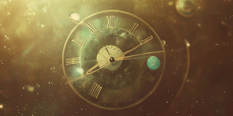 Biraz bulanık, eski görünümlü bir analog saat ve etrafında dönen gezegenler