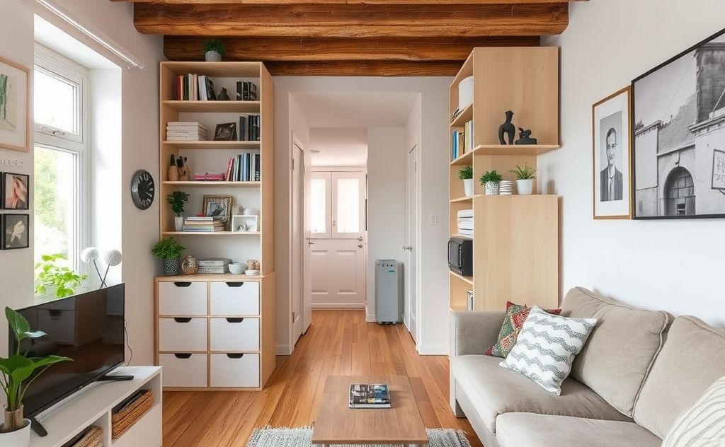 A small apartment with creative vertical storage solutions.