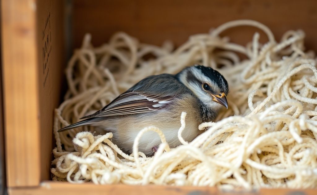 A small bird resting in a cozy box with soft bedding inside.