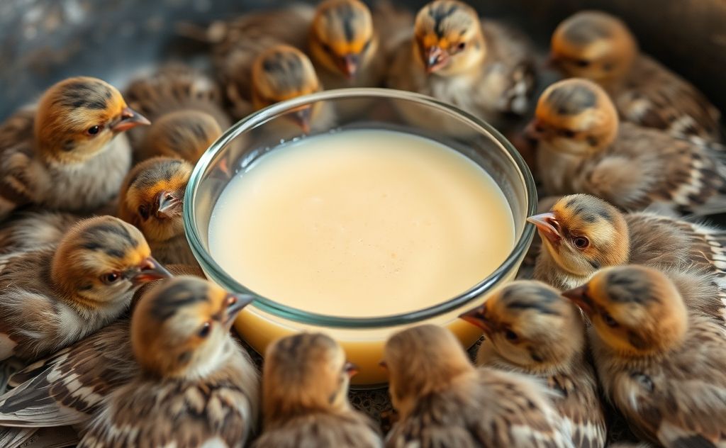 A small bowl of homemade bird formula surrounded by baby sparrows.