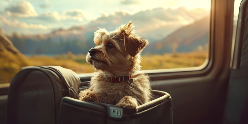 كلب صغير يجلس بشكل مريح في حقيبة سفر بجانب صاحبه داخل قطار، ينظر من النافذة إلى منظر طبيعي جميل يمر، يرمز إلى السفر المسؤول والممتع مع الحيوانات الأليفة.