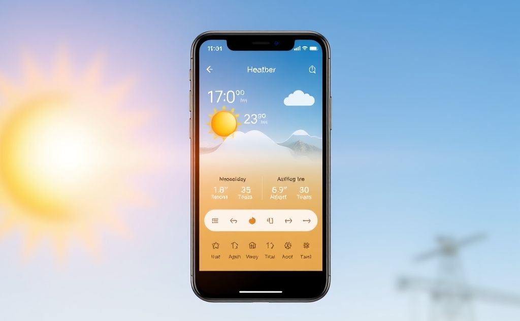 A smartphone displaying a heat index app with a sunny background.