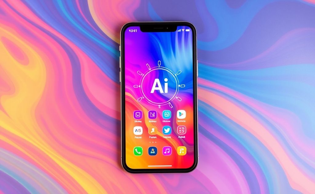 A smartphone displaying a vibrant AI app interface on a colorful background.