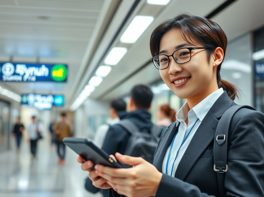 바쁜 직장인이 지하철역에서 편리하게 혜택을 누리는 모습