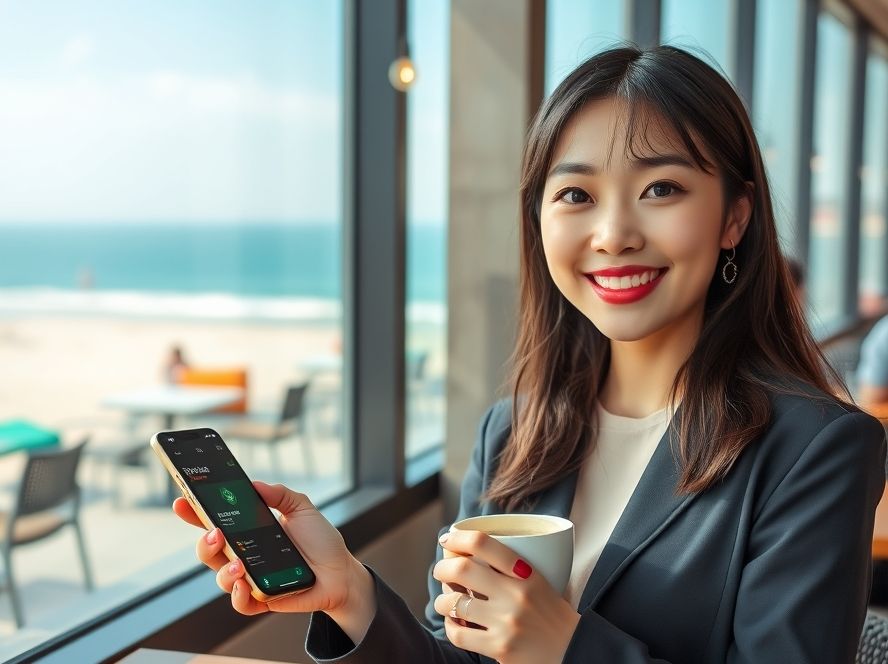 상생페이백으로 해운대 오션뷰 카페에서 여유를 즐기는 모습