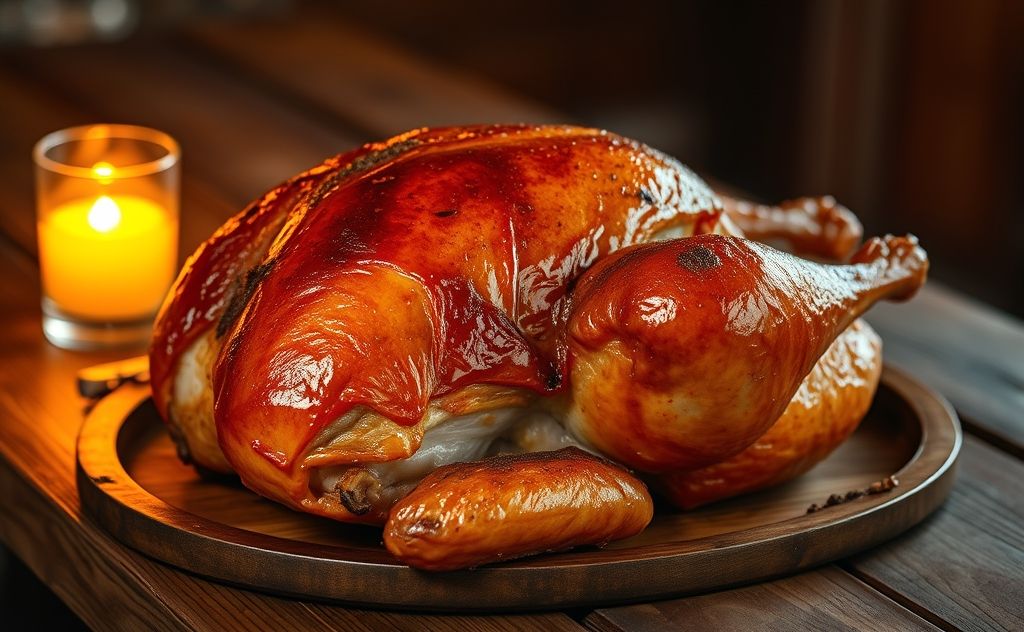 A smoked turkey resting on a wooden table with a warm glow.