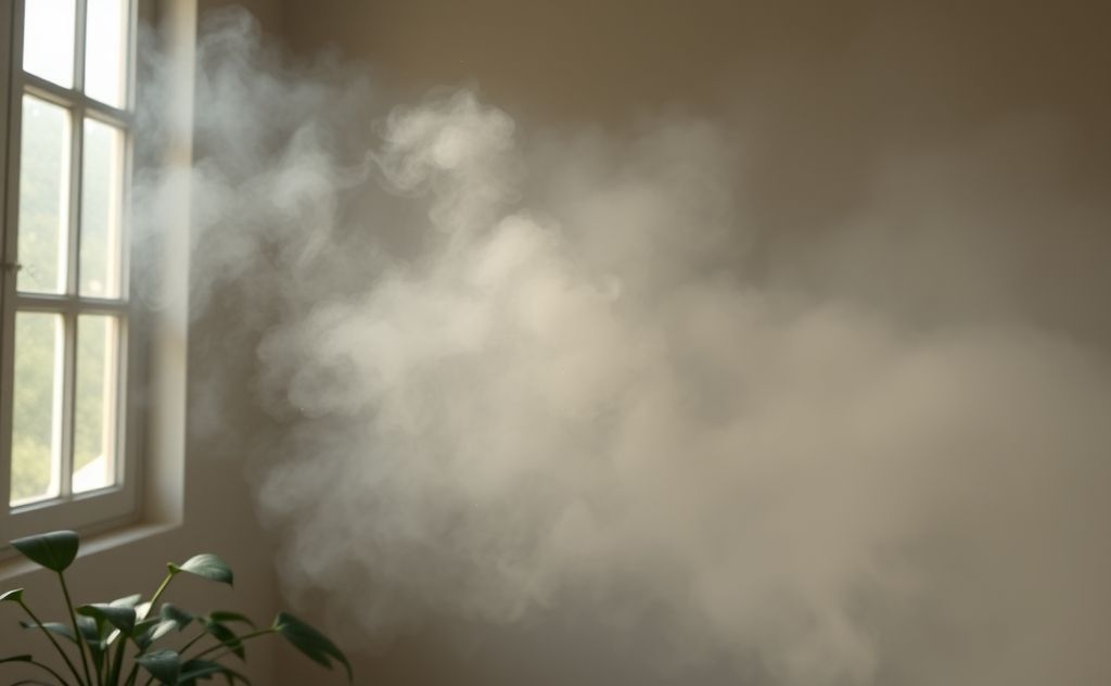A smoky room with visible air particles and a plant nearby.
