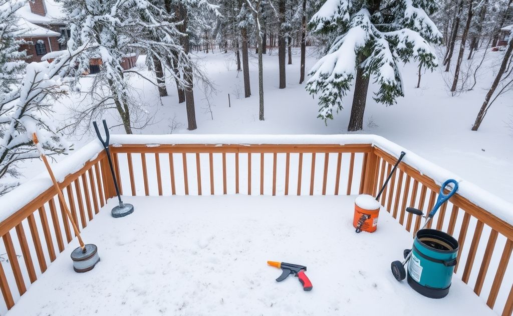 A snowy deck surrounded by winter trees and cleaning tools.