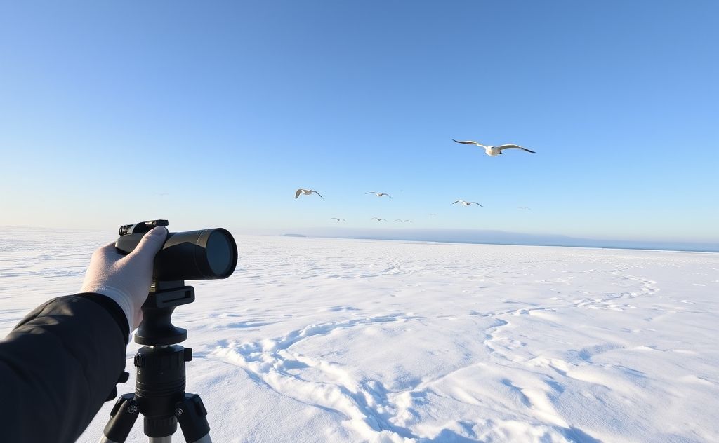 A snowy landscape with binoculars and seabird silhouettes in flight.