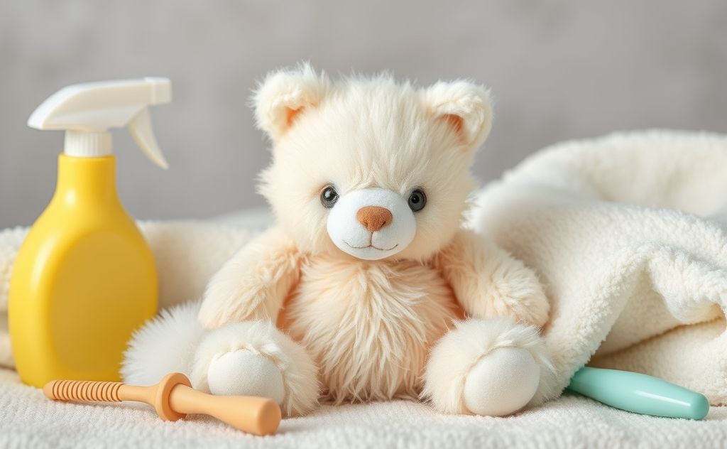 A soft, fluffy stuffed animal surrounded by gentle cleaning tools.