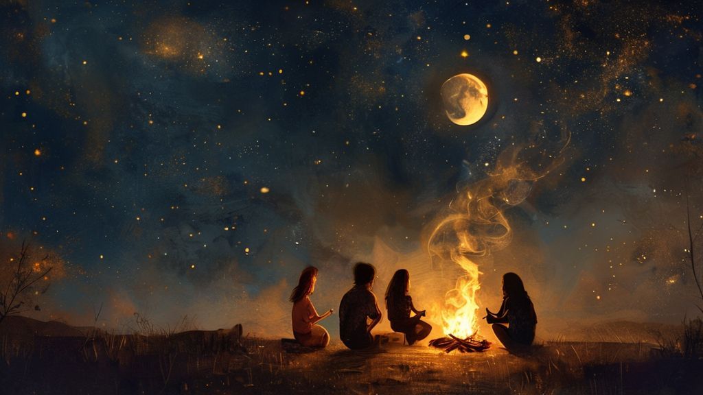 A soft, moonlit circle of friends around a small, glowing fire. Smoke curls upwards, carrying shared intentions into a deep indigo sky, stars subtly twinkling. Warm golds and ambers.