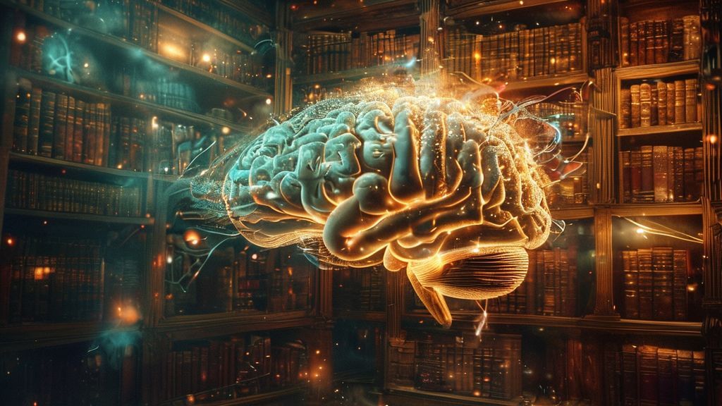 A softly glowing brain illuminated by celestial light, overlaid with intricate, interconnected neural pathways, dissolving into a bookshelf filled with mystical, old tomes.