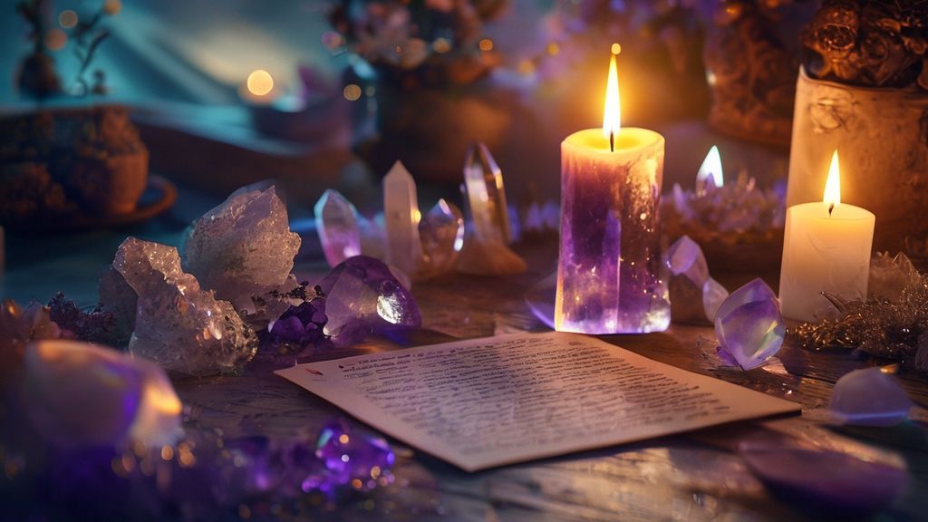 A softly lit altar bathed in moonlight. Amethyst, clear quartz, and moonstone crystals gleam. A burning candle casts long shadows, illuminating a letter to the universe. Mystical, ethereal, 4k.