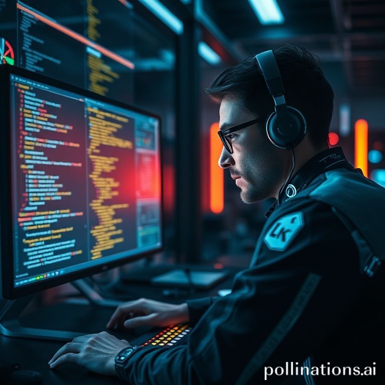 A developer inspecting lines of code on a futuristic computer screen, representing AI-assisted coding.