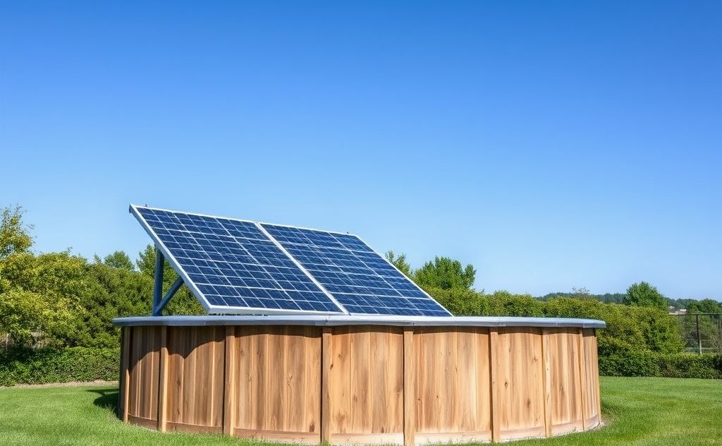 A solar panel heating an above ground pool under a clear blue sky.