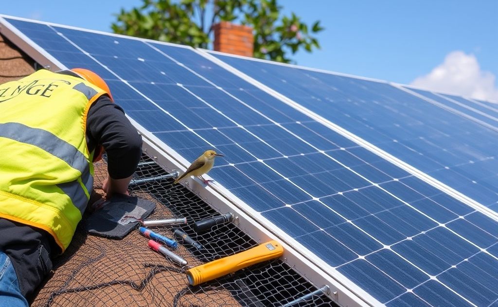 A solar panel installation with bird-proofing mesh and tools.