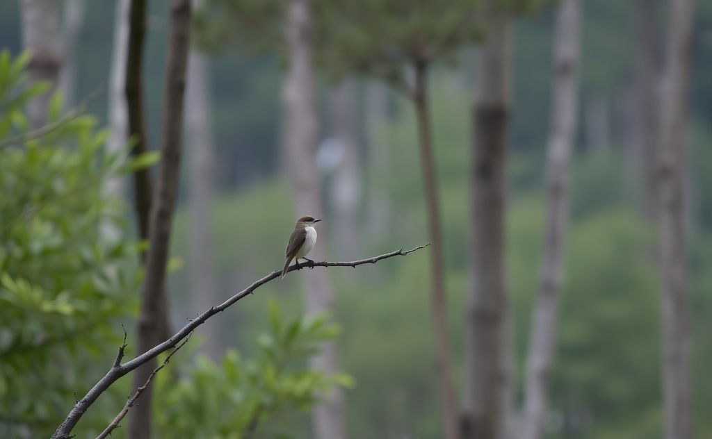 A solitary bird perched on a branch in a quiet forest.