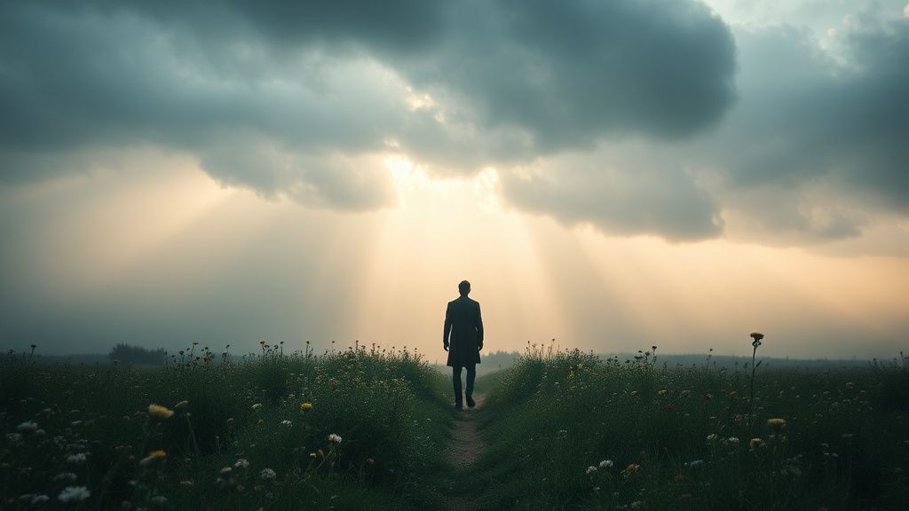 A solitary figure amidst a storm, soft light breaking through clouds, illuminating a path of blooming wildflowers. Mystic, ethereal, 4k, cinematic lighting.
