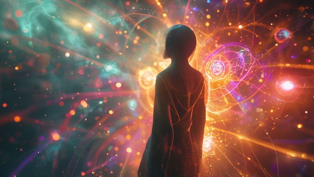 A solitary figure bathed in soft, celestial light. Energy lines flow, connecting the figure to vibrant chakra spheres. Mystic, ethereal, 4k, cinematic.