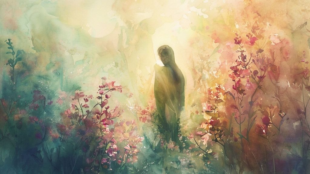 A solitary figure bathed in soft, ethereal light, surrounded by blooming, watercolor-like flora. The scene evokes a feeling of peace, healing, and inward reflection, painted with cinematic lighting.