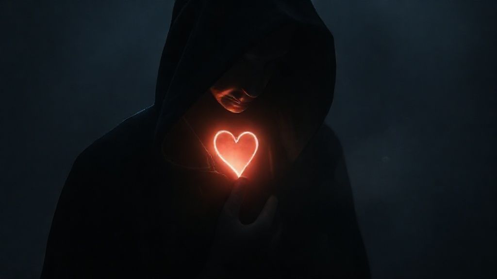 A solitary figure cloaked in shadow, heart glowing faintly beneath a practical exterior. Mystic light bathes the scene, revealing a vulnerable soul, emotions swirling, a journey of opening up.