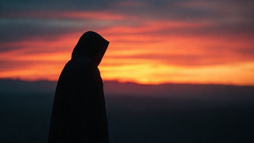A solitary figure draped in a heavy, dark cloak, silhouetted against a vibrant, yet fading sunset. Wisps of ethereal light struggle to penetrate the darkness, hinting at hope. Mystic, 4k, cinematic.