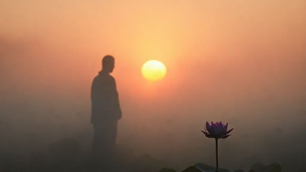 A solitary figure silhouetted against a softly glowing dawn, surrounded by mist. Light pierces the fog, illuminating a single, vibrant lotus flower blooming in the foreground.