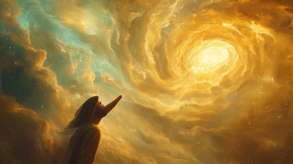 A solitary figure, bathed in celestial light, reaches toward a comforting, radiant hand descending from swirling, ethereal clouds. Warm golds and blues dominate the scene, fostering a sense of divine embrace and unwavering support.