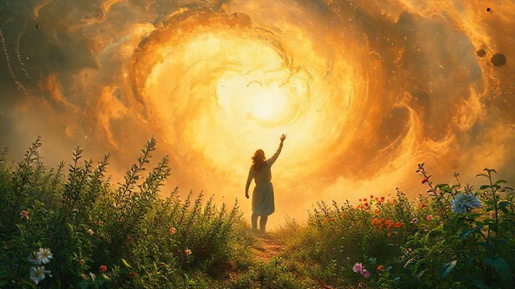 A solitary figure, bathed in golden light amidst a swirling nebula of rosemary and basil, reaching towards a vibrant, blossoming nature scene.