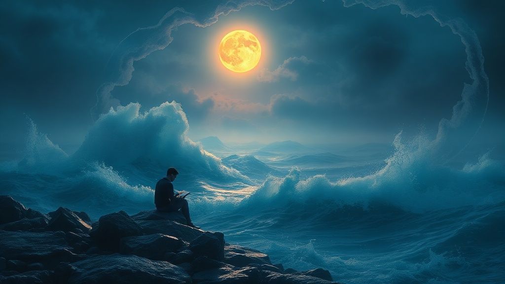A solitary figure, bathed in moonlit glow, sits journaling on a turbulent coastline. A swirling vortex of emotions in blues, purples, and golds surrounds them, reflecting internal storms. Ethereal, mystic, cinematic, 4k.