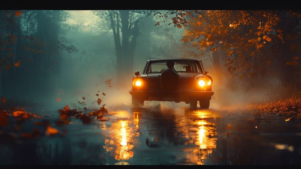 A solitary figure, bathed in soft moonlight, driving a vintage car through a misty forest. Warm, golden headlights cut through the ethereal fog, reflecting off wet leaves. Mystic, cinematic, 4k.