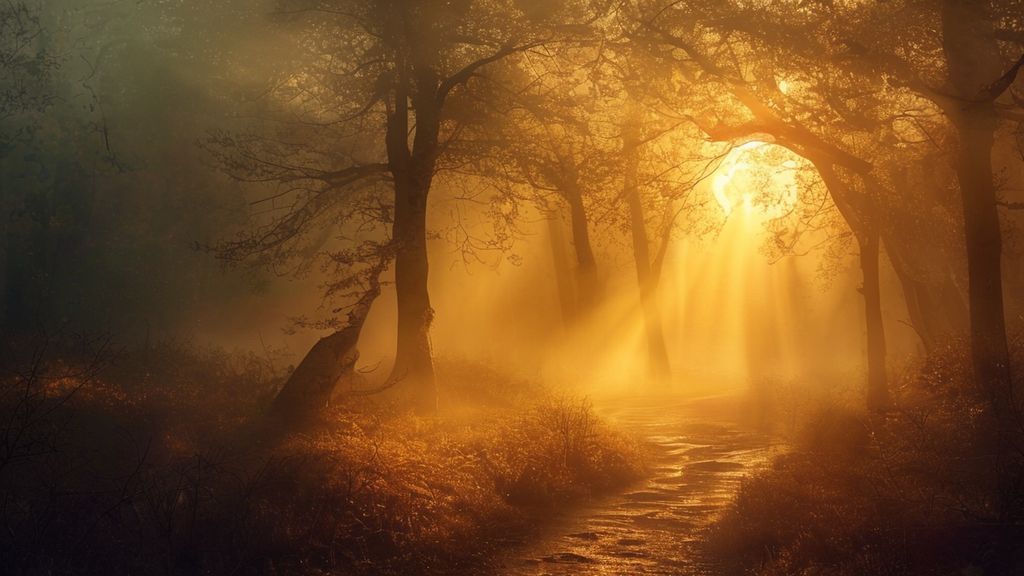 A solitary figure, bathed in soft moonlight, walks a winding path through a misty forest. Warm, golden light breaks through the canopy. Symbolic of healing and resilience.