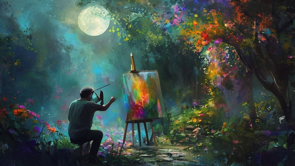 A solitary figure, bathed in soft, ethereal moonlight, paints vibrant colors onto a canvas depicting a lush, hidden garden, symbolizing rediscovering joy after heartbreak.