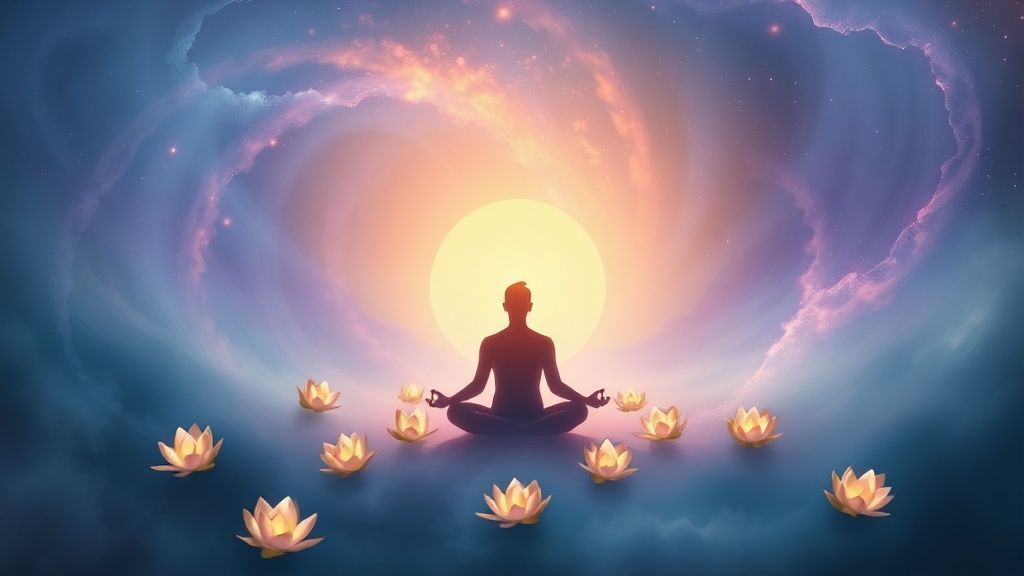 A solitary figure, bathed in soft, golden light, sits meditating amidst a swirling nebula of blues and purples. Delicate, glowing lotus flowers bloom around them, emanating inner peace.