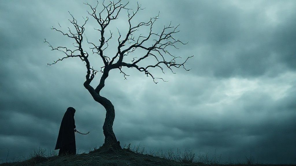 A solitary figure, cloaked in shadows, stands beneath a perpetually overcast sky. Faint, ethereal chains bind their wrists to a barren, twisted tree. Gloom, heavy blues and grays, washes over the scene.