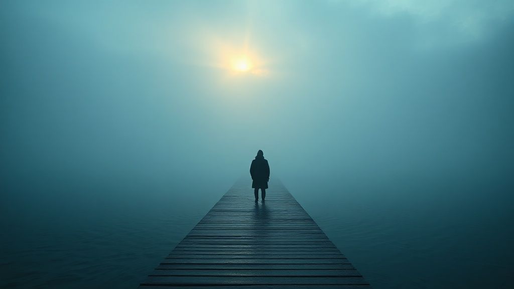 A solitary figure, shrouded in twilight, stands knee-deep in a Vancouver rain-swept pier. Misty blues and grays blend, with a single, hopeful, golden ray piercing the clouds. Mystic, ethereal, 4k, cinematic.