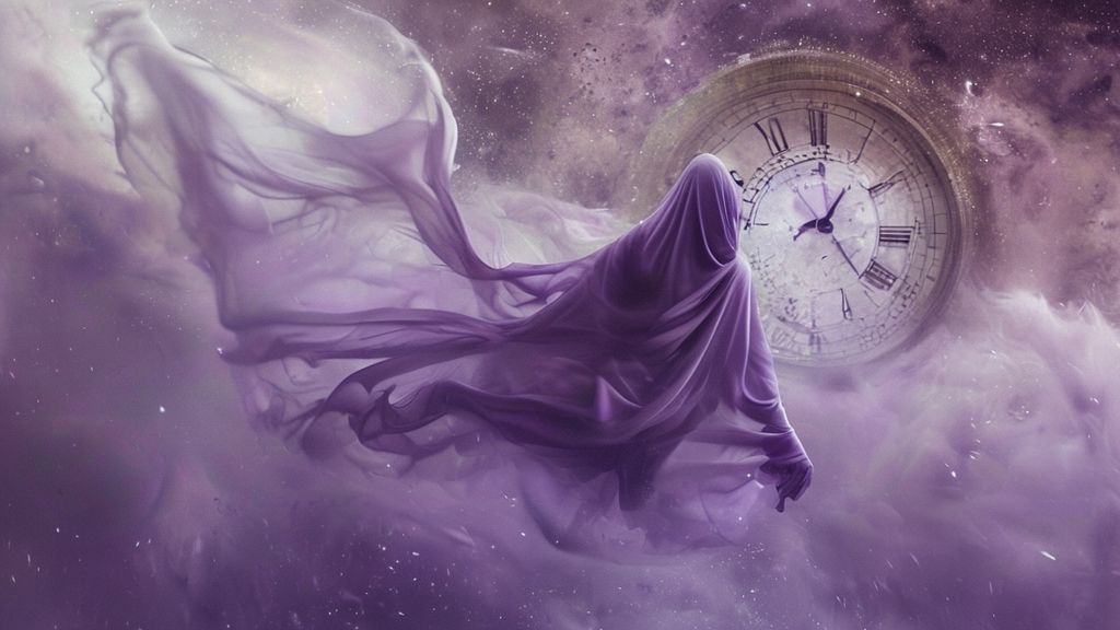 A solitary figure, veiled in flowing, translucent fabric, floats amidst swirling cosmic dust. Soft, lavender light bathes them, emanating from a celestial, broken clock, representing time's pause.