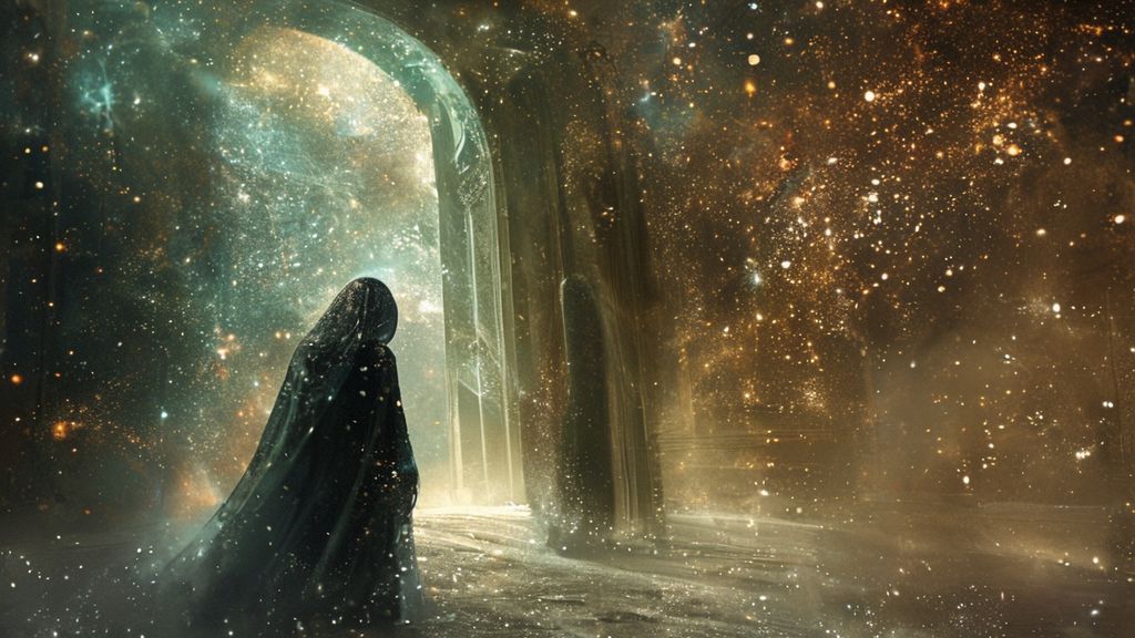 A solitary figure, veiled in shimmering stardust, confronts a celestial doorway, representing shifts. Cosmic light fractures, casting shadows of restriction and revelation in a mystical realm.