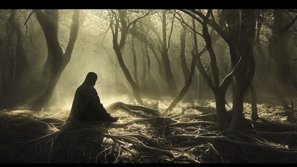 A solitary figure, veiled in soft light, sits amidst a whispering forest clearing. Their form subtly merges with ethereal, glowing roots. Focus on the interplay of shadow and light, embodying inner wisdom.