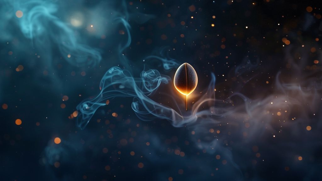 A solitary seed glowing with inner light, suspended in deep indigo space. Wisps of ethereal smoke swirl, reflecting subtle moonlit hues. Cinematic, mystical, 4k.
