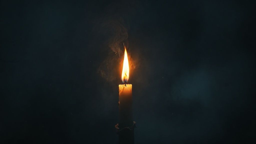 A solitary, flickering candle flame battling encroaching shadows in a stormy void. Warm light struggles against cold, swirling darkness, embodying rage and resilience. Mystic, ethereal, 4k, cinematic.