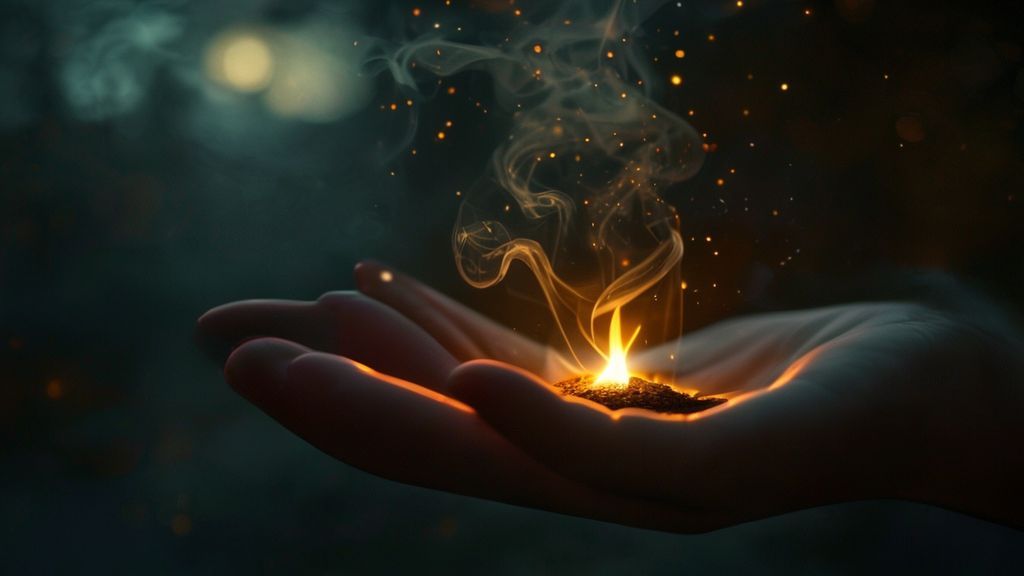 A solitary, glowing ember held within a cupped hand, bathed in soft moonlight. Whispers of smoke forming a swirling Leo constellation above, reflecting intentions. Mystic, ethereal, 4k, cinematic.