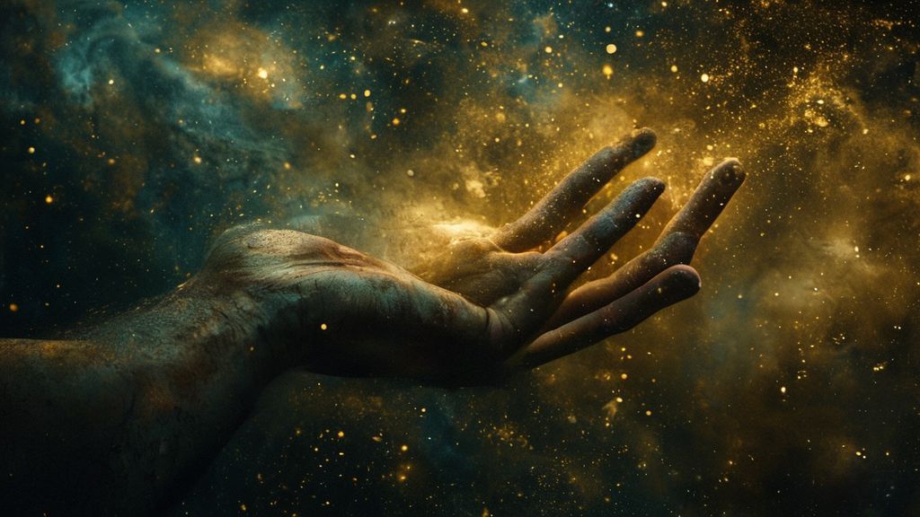 A solitary, weathered hand reaching towards a swirling nebula of gold and deep indigo. Light filters through, illuminating dust motes, representing unanswered prayers transforming into resilience.